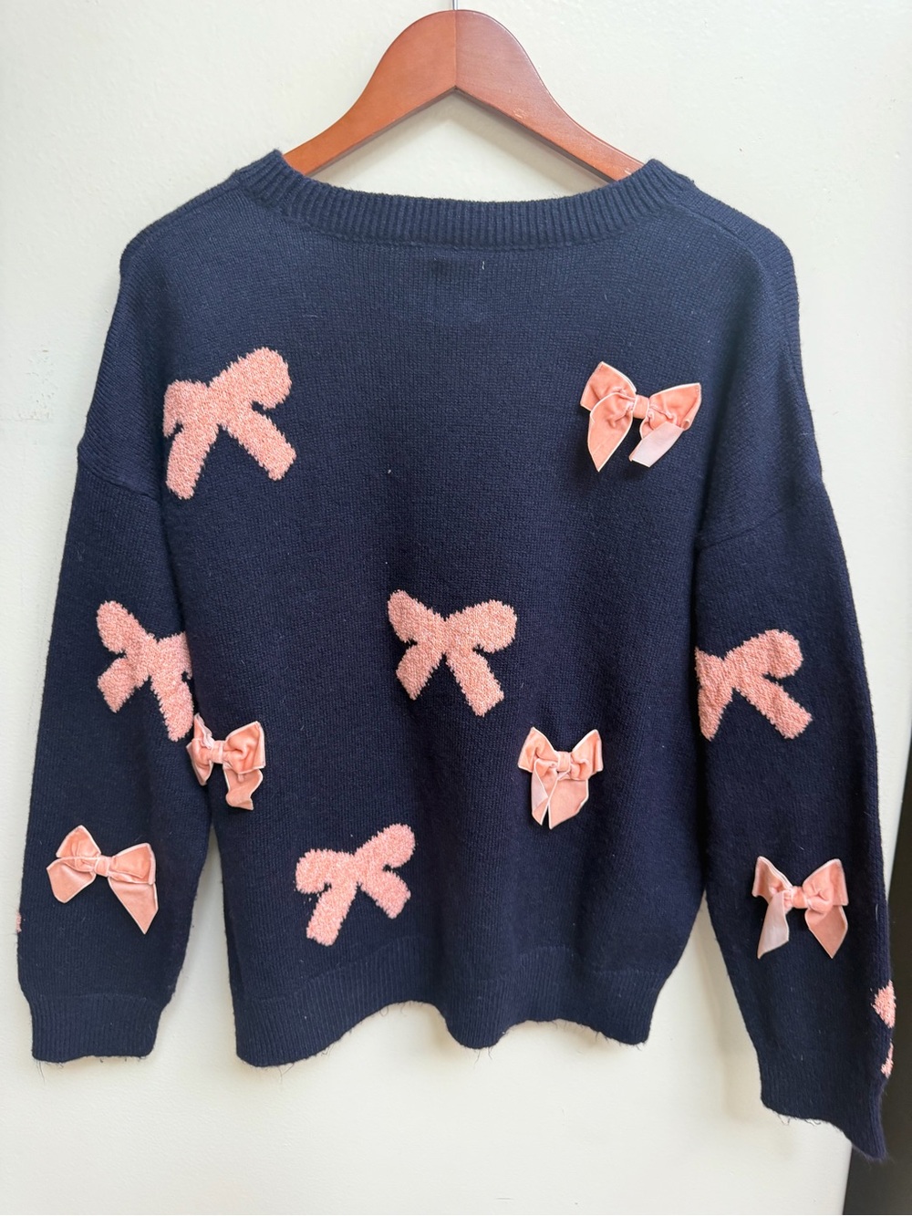 Maeve Navy Crewneck Sweater with Pink Bow Accents - Picture 6 of 6